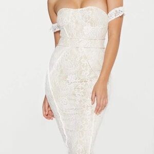 PrettyLittleThing Strapless Off Shoulder Lace Dress in Cream